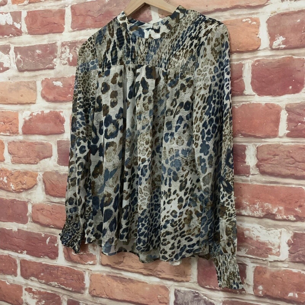 Mystree Top Shirt Women's Large Multicolor Animal Print Smocked Popover - Picture 3 of 8
